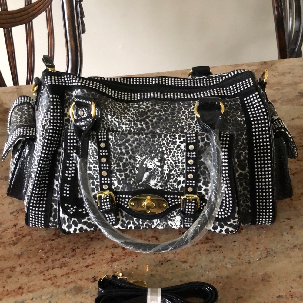 Leopard duffle Back black and white rhinestones